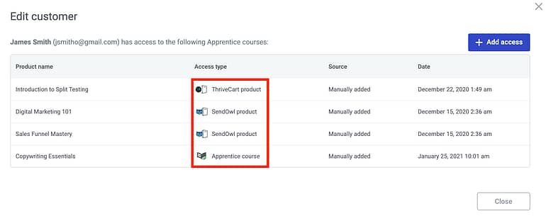 Identify what courses students have access to and how they purchased inside the Thrive Apprentice dashboard