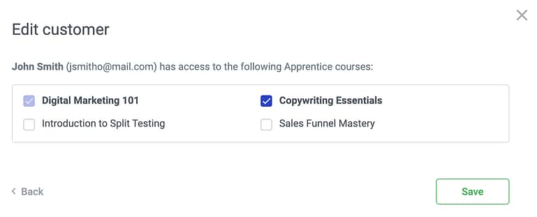 'Edit Customer' lightbox inside the Thrive Apprentice dashboard