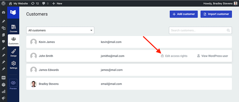 Edit individual customer access rights inside the Thrive Apprentice dashboard