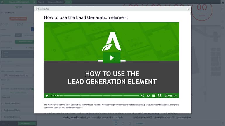 Click question mark & play button icons inside the Thrive visual editor user interface to open help videos and articles