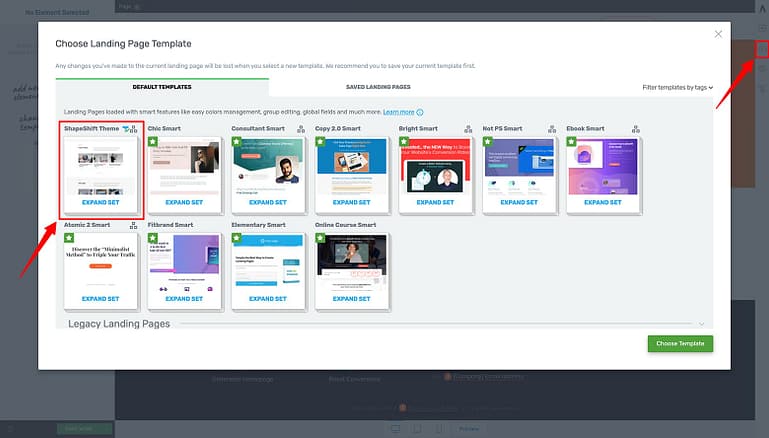 How to select a landing page template inside Thrive Architect.
