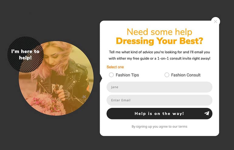 Radio Button lead generation form example on a Thrive Leads built popup lightbox.