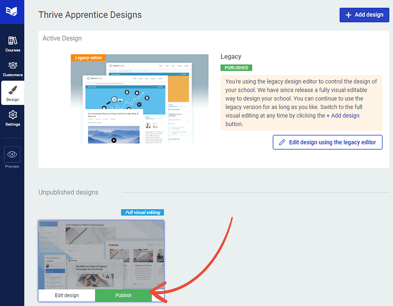 Switching between full visual editing and the legacy design