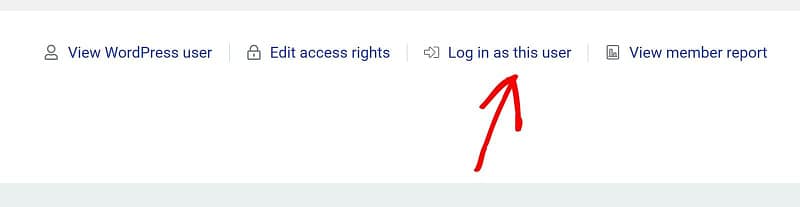 members-log-in-as-this-user-thrive-apprentice The member actions in Thrive Apprentice: View WordPress user, Edit access rights, Log in as this user and View member report.