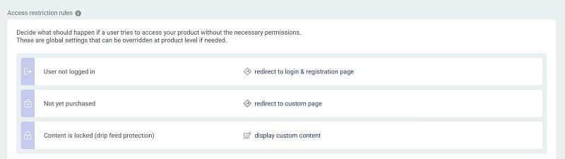 access-restriction-rules-thrive-apprentice Thrive Apprentice access restriction rules: users who aren't logged in go to the login page, users who haven't purchased go to a custom page, and drip-locked content shows custom content.