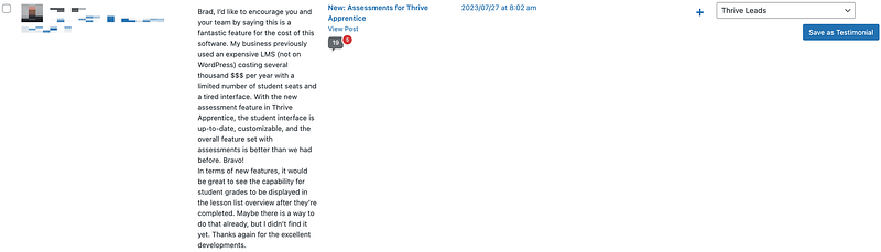Using comments as testimonials