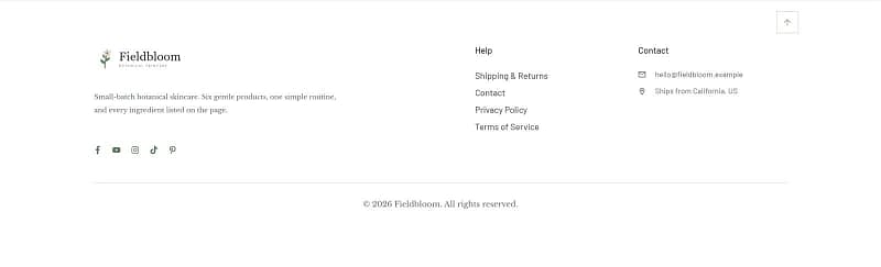 fieldbloom-footer-thrive-theme-builder The finished Fieldbloom footer built in Thrive Theme Builder, with links, contact details, social icons and a copyright line