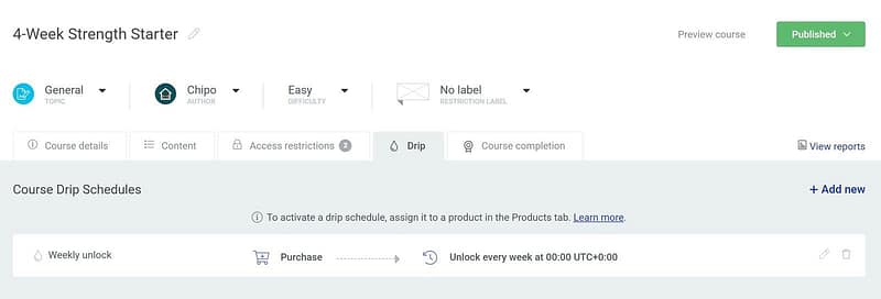course-drip-schedule-weekly-unlock-thrive-apprentice The Drip tab of a Thrive Apprentice course with one schedule, Weekly unlock, triggered by a purchase and unlocking content every week.