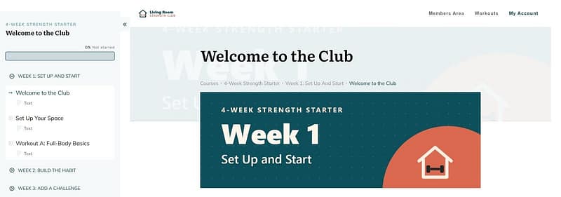 lesson-page-club-header-thrive-apprentice A Thrive Apprentice lesson page using the Living Room Strength Club logo, menu and colors, with the course navigation in the left sidebar.