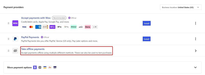 payment-methods-check-payments-woocommerce WooCommerce payment settings: payment providers you can install, such as Woo and PayPal, and Take offline payments, which holds the Check payments method used for the demo.