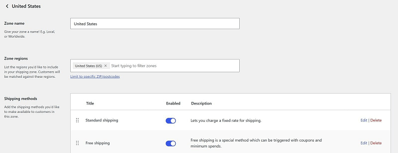 shipping-flat-rate-free-over-50-woocommerce A WooCommerce shipping zone for the United States with two shipping methods turned on: Standard shipping, a fixed rate, and Free shipping.