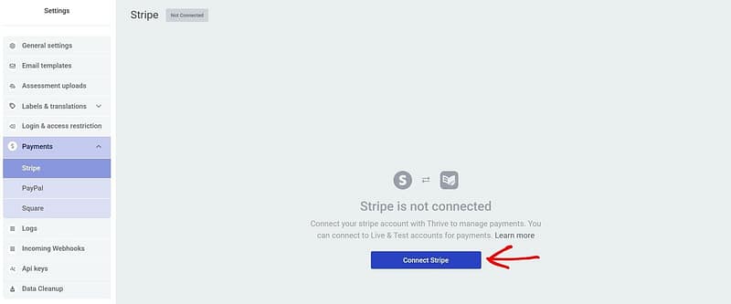 payments-settings-connect-stripe-thrive-apprentice Thrive Apprentice payment settings with Stripe, PayPal and Square listed under Payments and a Connect Stripe button.