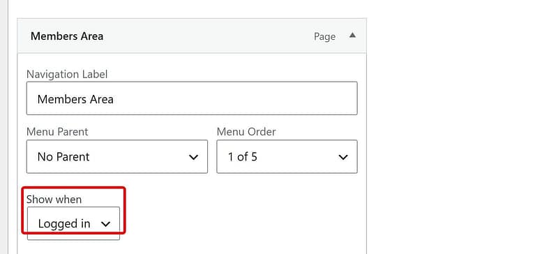 menu-item-show-when-logged-in-thrive-architect A WordPress menu item named Members Area with Thrive Architect's Show when setting set to Logged in.