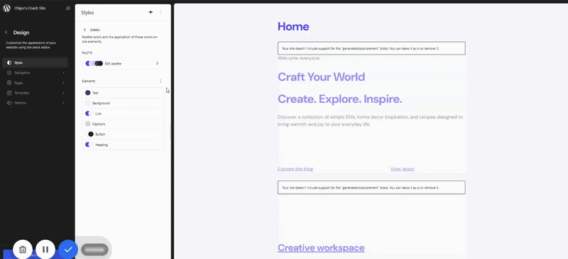 CustomizinginFSE-ezgif.com-video-to-gif-converter Customizing a site's styles with Ollie in the WordPress Site Editor