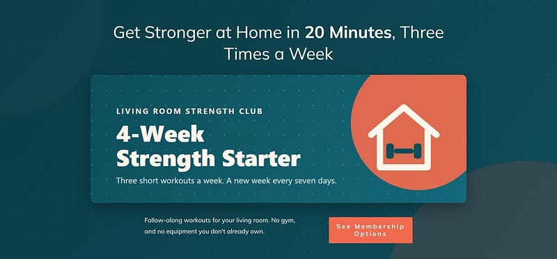 membership-sales-page-hero-thrive-architect The top of a membership sales page built with Thrive Architect, headlined Get Stronger at Home in 20 Minutes, Three Times a Week, with a See Membership Options button.