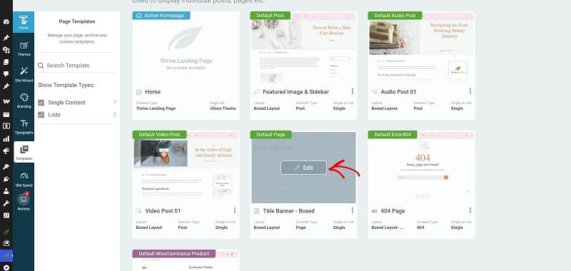 thrive-theme-builder-templates-edit The Templates screen in Thrive Theme Builder, with the Edit button on the Title Banner - Boxed page template