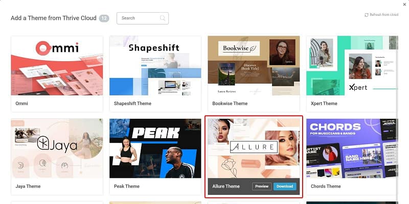 allure-theme-in-thrive-cloud-library-thrive-theme-builder The Thrive Cloud theme library in Thrive Theme Builder, with the Allure beauty theme among the starter themes.