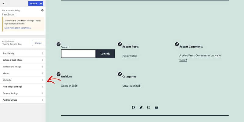 customizer-widgets-classic-theme The WordPress Customizer for Twenty Twenty-One, with the Widgets panel and a live preview of the footer