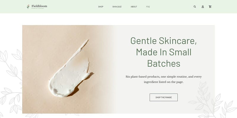 fieldbloom-homepage-allure-thrive-theme-builder The finished Fieldbloom homepage on the Allure theme: a cream-texture hero with the headline Gentle Skincare, Made in Small Batches and a Shop the range button.