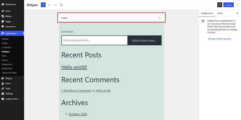 footer-widgets-classic-theme The Footer widget area in the WordPress Widgets screen for the Twenty Twenty-One classic theme