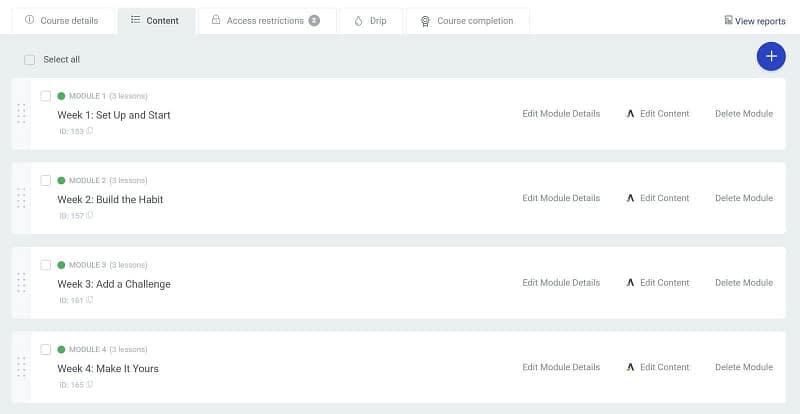 course-content-four-weekly-modules-thrive-apprentice The Content tab of a Thrive Apprentice course called 4-Week Strength Starter, with four modules from Week 1: Set Up and Start to Week 4: Make It Yours, three lessons each.