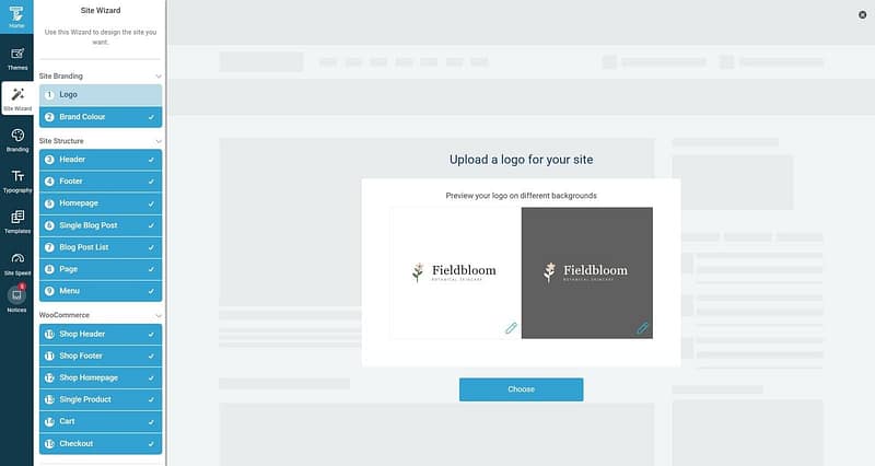 site-wizard-logo-step-thrive-theme-builder Step 1 of the Thrive Theme Builder Site Wizard, Upload a logo for your site, previewing the Fieldbloom logo on a light and a dark background, with the WooCommerce steps listed under the site steps.