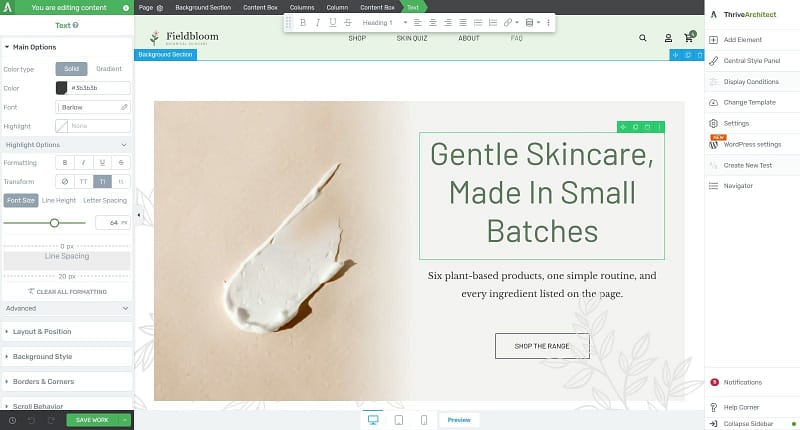 homepage-hero-headline-editing-thrive-architect The Fieldbloom homepage open in Thrive Architect, with the hero headline Gentle Skincare, Made in Small Batches selected for editing.