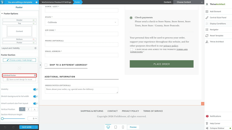 checkout-slim-footer-unlinked-thrive-theme-builder A slim unlinked footer on the WooCommerce checkout template in Thrive Theme Builder
