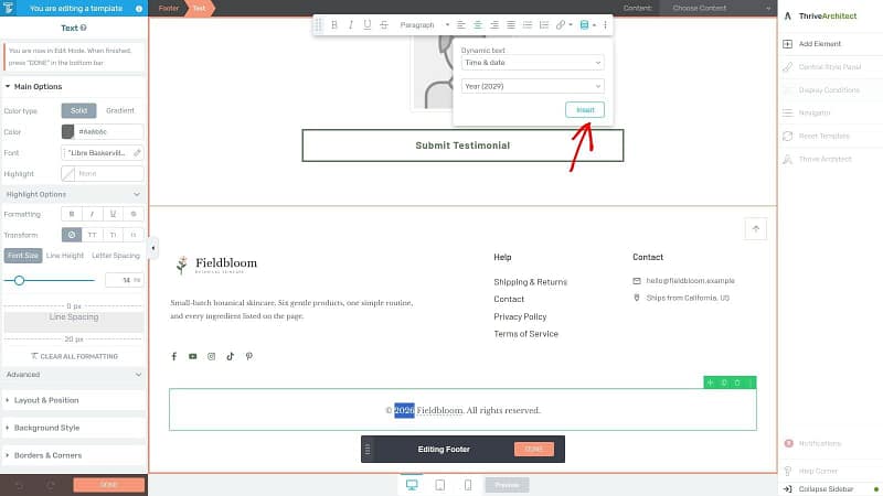 copyright-year-dynamic-text-thrive-theme-builder Setting the footer's copyright year as dynamic text with Time and date and Year in Thrive Theme Builder