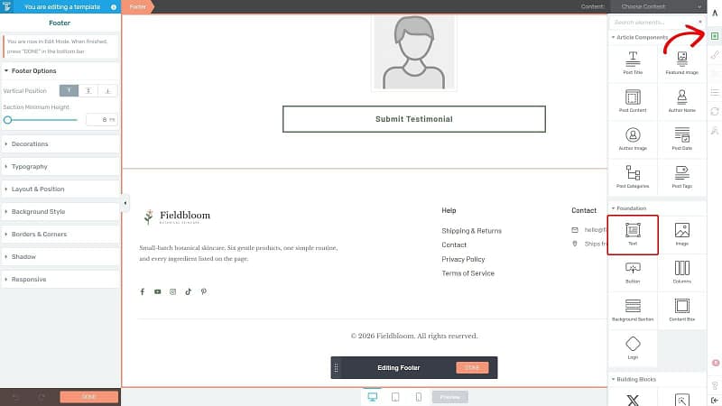 footer-edit-mode-add-element-thrive-theme-builder The footer in Edit Mode in Thrive Theme Builder with the Add Element panel open and the Text element highlighted