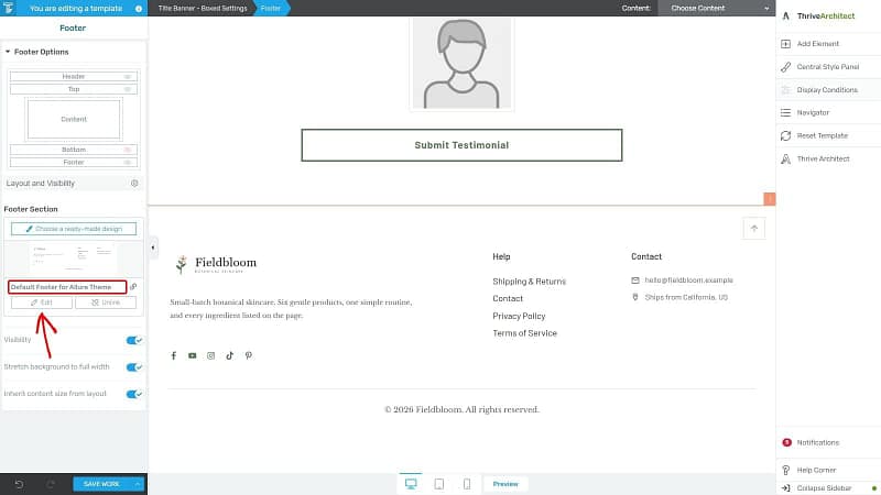 footer-selected-edit-thrive-theme-builder The Fieldbloom footer selected in Thrive Theme Builder, with the Default Footer for Allure Theme name and its Edit button