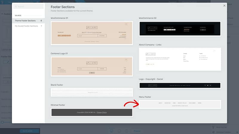 ready-made-footer-designs-thrive-theme-builder Thrive Theme Builder's ready-made footer designs for the Allure theme, with Menu Footer marked