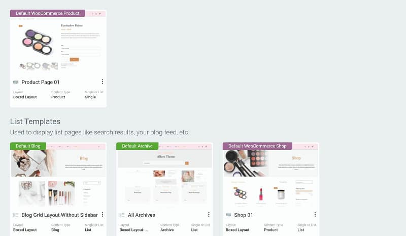 allure-site-templates-thrive-theme-builder Thrive Theme Builder templates that come with the Allure theme: Product Page 01 for WooCommerce products and, under List Templates, the blog, archive and Shop 01 WooCommerce shop templates.