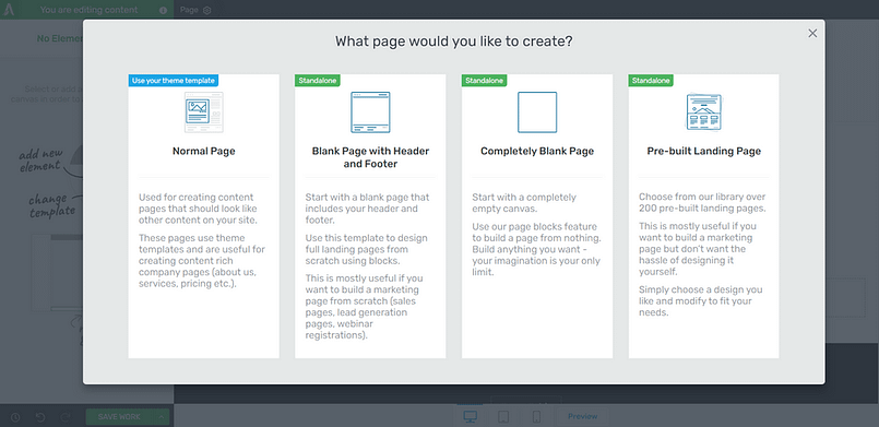 Page type options for creating a content hub
