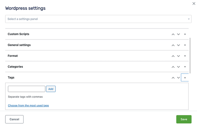 WordPress settings in Architect