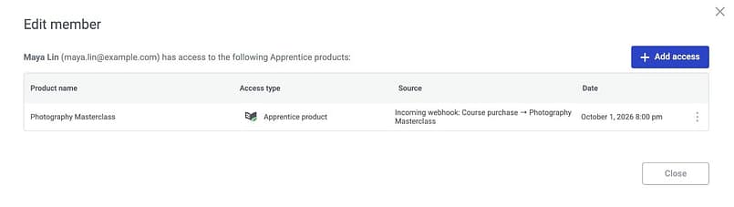 A member's access list in Thrive Apprentice, with the source shown as Incoming webhook: Course purchase → Photography Masterclass.