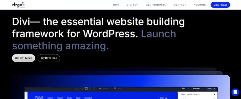 DiviLanding Divi homepage describing it as a website building framework for WordPress