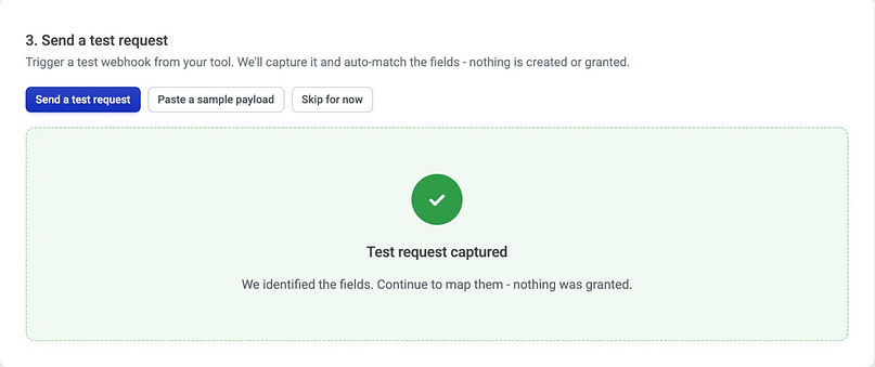 The Thrive Apprentice message Test request captured, confirming the fields were identified and nothing was granted.