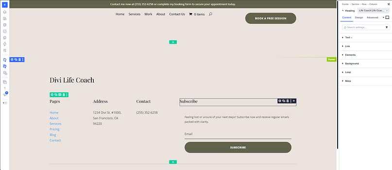 Footer section of Divi Life Coach site with three columns: Pages, Address, Contact, and a Subscribe form with an olive rounded button.