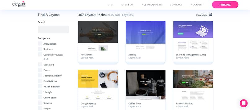 Divi Layouts Divi's layout pack library with a grid of layout packs and category filters