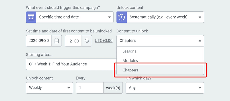 The Thrive Apprentice new drip campaign form with the Content to unlock dropdown open, showing Lessons, Modules and the new Chapters option selected.