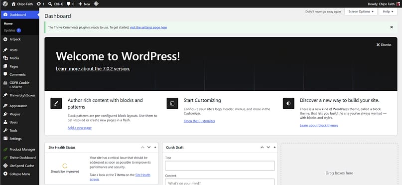 wordpressbackend WordPress admin dashboard with a left navigation menu and a large 'Welcome to WordPress!' banner in the main area.