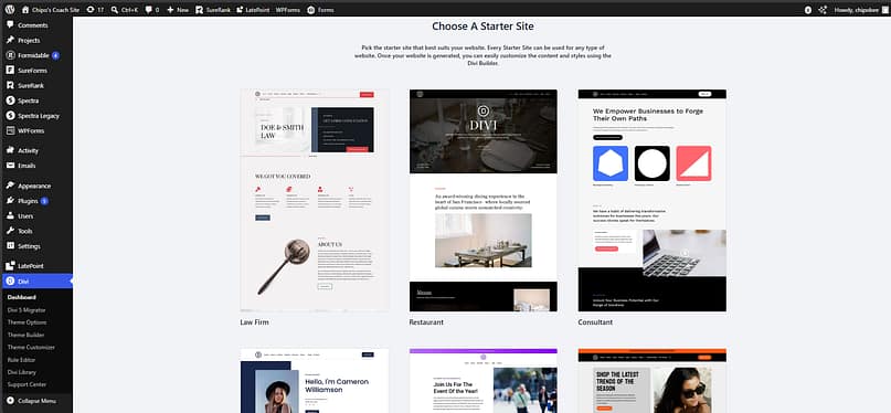 Chooser screen showing three starter site templates: Law Firm, Restaurant, and Consultant on a WordPress Divi page.