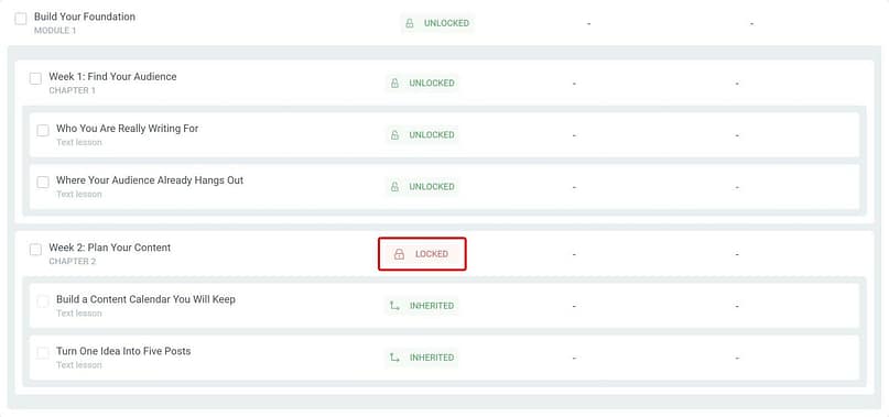 The Thrive Apprentice Members page for one student, showing the chapters of a module as their own rows, Week 1 unlocked and Week 2 locked.
