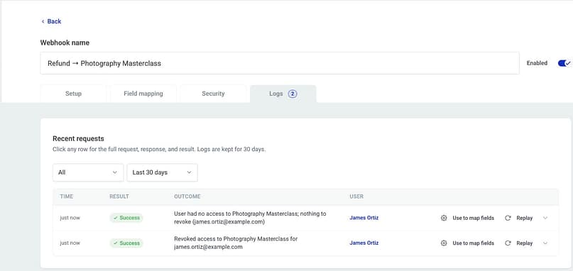 A refund webhook's log showing access revoked for a student, then a repeated refund with nothing left to revoke.