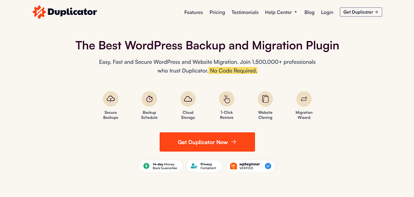 Screenshot of Duplicator Pro landing page, the best WordPress backup and migration plugin