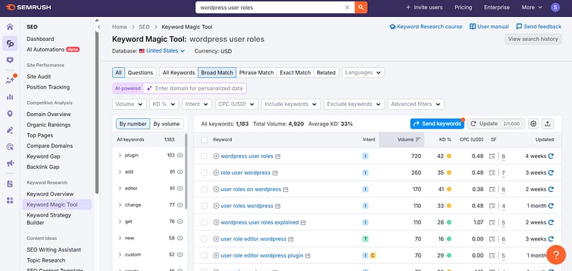 screenshot of semrush keyword research tool