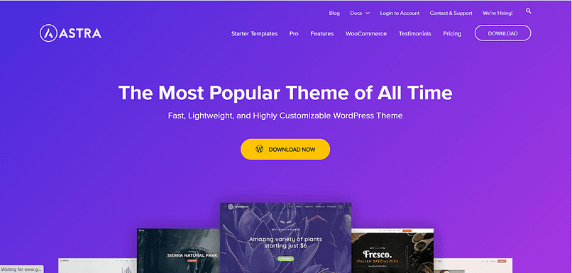 Astra Astra homepage with the headline "The Most Popular Theme of All Time"