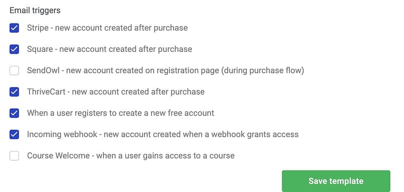 The triggers for the New Account Created email in Thrive Apprentice, including Incoming webhook, new account created when a webhook grants access.