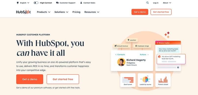 HubSpot home page example